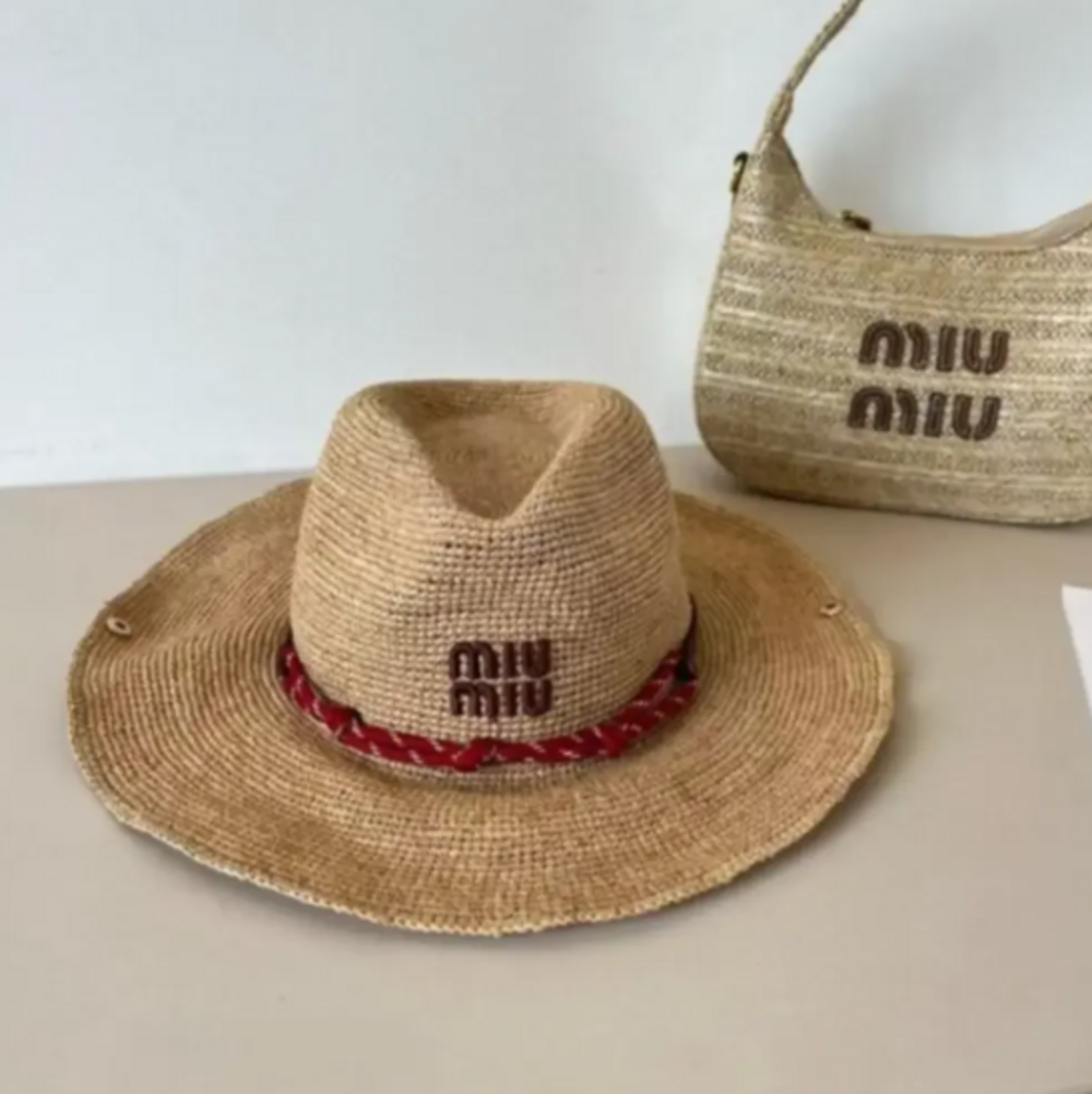 Women Red Accent Miu Miu Hat | Woven Raffia Summer Essential Straw Hat